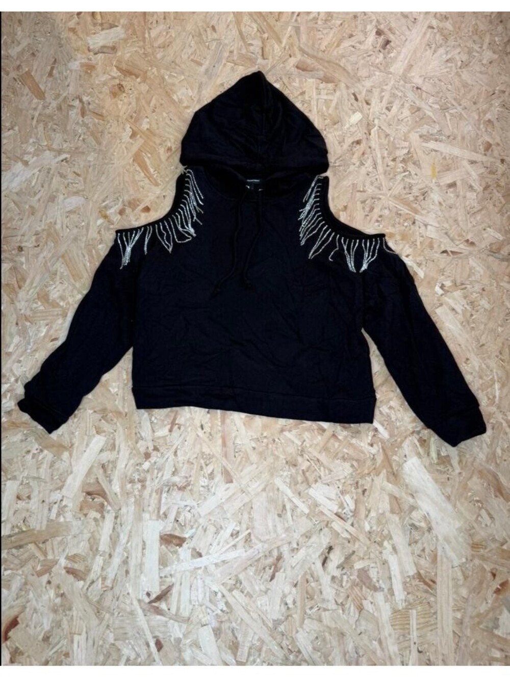 INC International Concepts Cold Shoulder Hoodie Womens Large Black Rhinestone